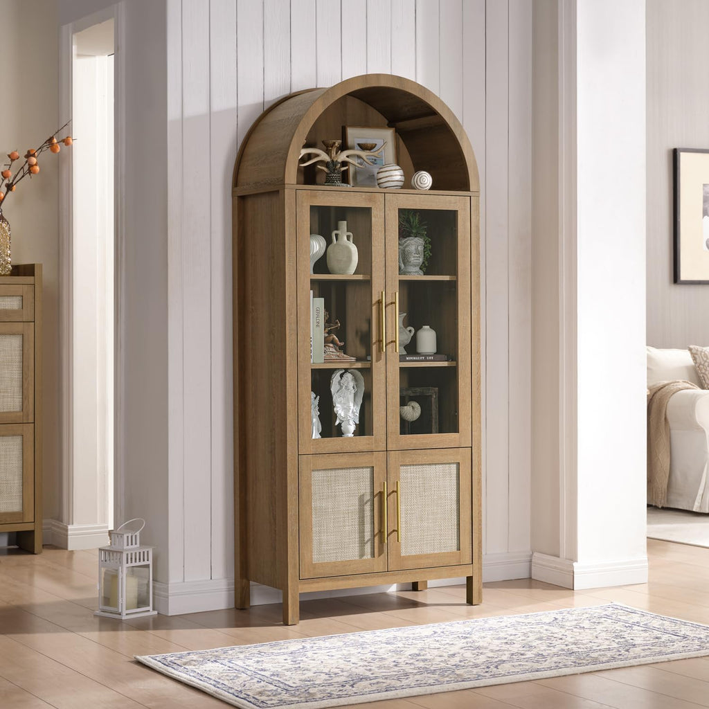 71" Tall Arched Display Cabinet, 5-Tier Bookshelf Modern Farmhouse Arched Bookcase with Glass Doors and Shelves, Wooden Pantry Storage Cabinet for Living Room, Office and Kitchen, Caramel Oak🔥