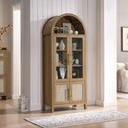 71" Tall Arched Display Cabinet, 5-Tier Bookshelf Modern Farmhouse Arched Bookcase with Glass Doors and Shelves, Wooden Pantry Storage Cabinet for Living Room, Office and Kitchen, Caramel Oak🔥