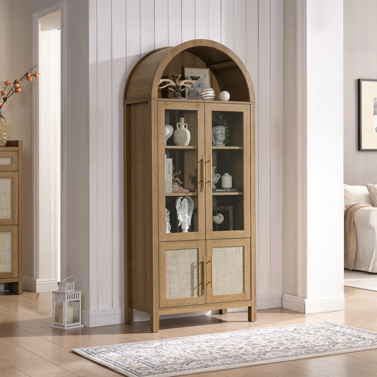 71" Tall Arched Display Cabinet, 5-Tier Bookshelf Modern Farmhouse Arched Bookcase with Glass Doors and Shelves, Wooden Pantry Storage Cabinet for Living Room, Office and Kitchen, Caramel Oak🔥