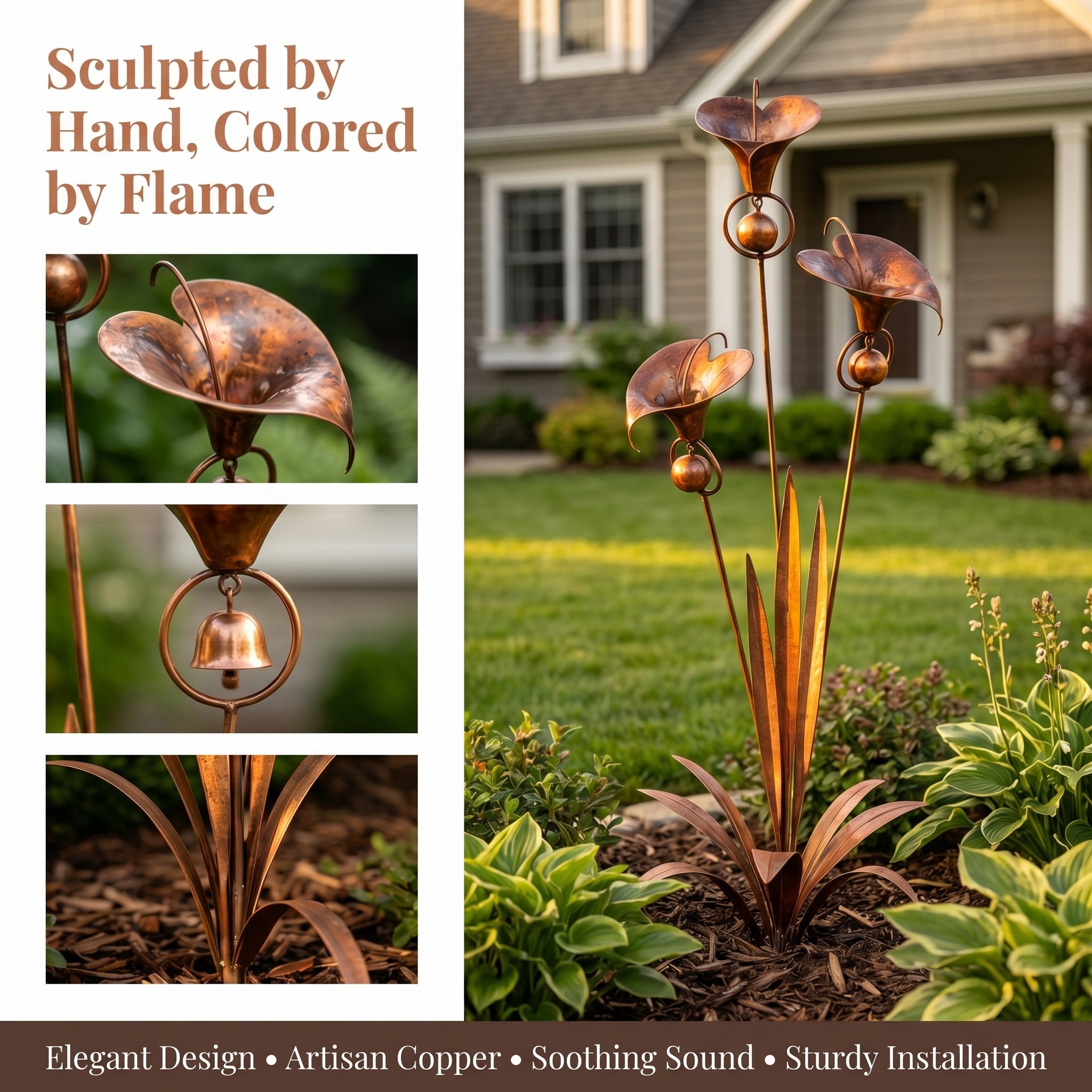 Flamed Copper Three Calla Lilies Garden Stake with Bells, 28" Handcrafted Outdoor Yard Art🔥