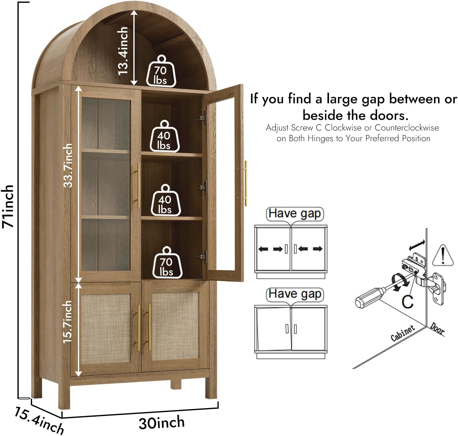 71" Tall Arched Display Cabinet, 5-Tier Bookshelf Modern Farmhouse Arched Bookcase with Glass Doors and Shelves, Wooden Pantry Storage Cabinet for Living Room, Office and Kitchen, Caramel Oak🔥