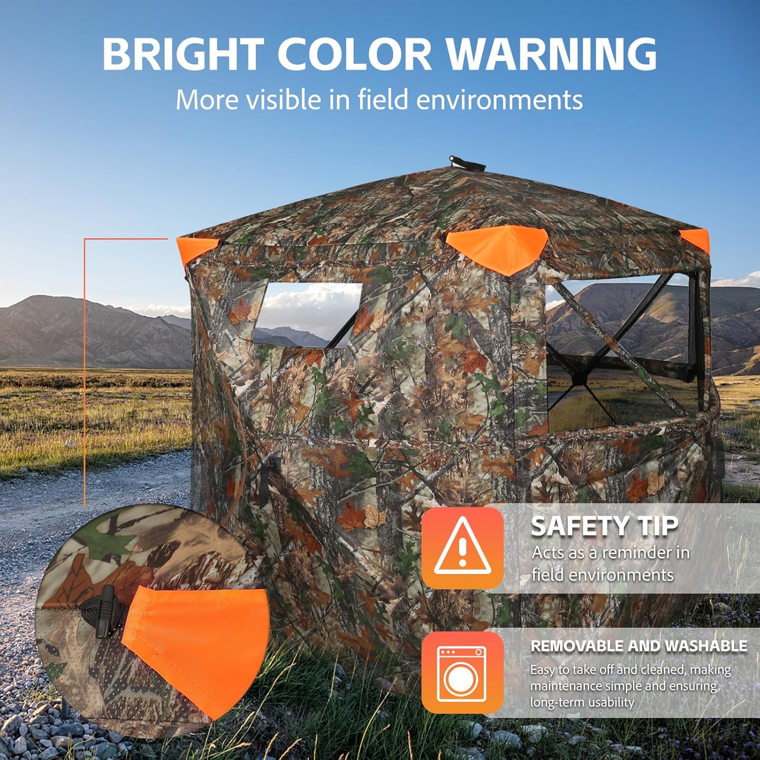 Hunting Blind 360 Degree See Through Double Door Ground Blind for Hunting, 2/3 Person Pop Up Portable Camouflage Deer/Turkey Tent with Blaze Orange Panels🔥