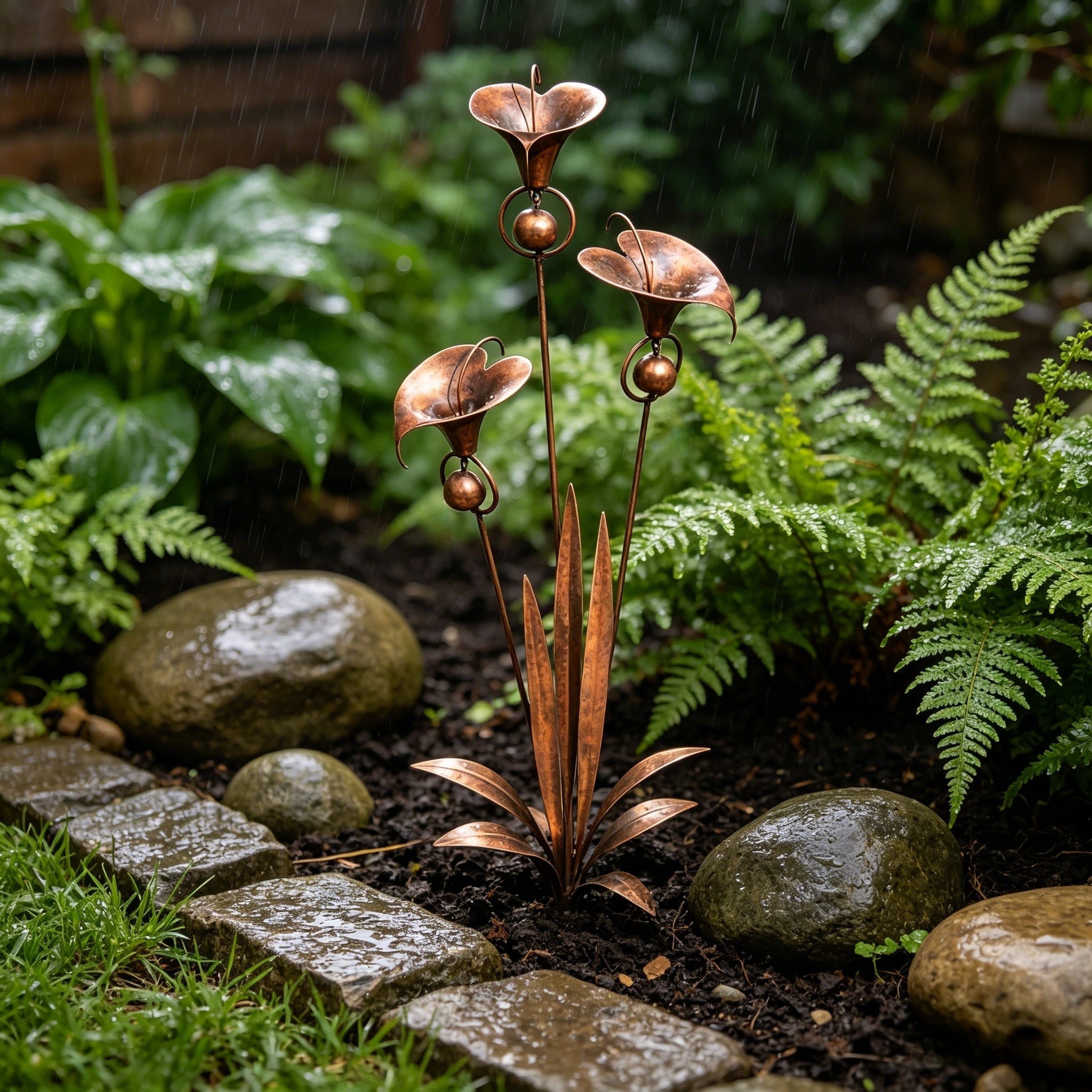 Flamed Copper Three Calla Lilies Garden Stake with Bells, 28" Handcrafted Outdoor Yard Art🔥