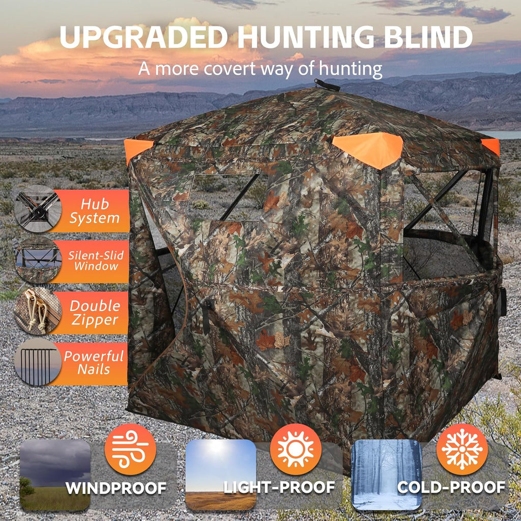 Hunting Blind 360 Degree See Through Double Door Ground Blind for Hunting, 2/3 Person Pop Up Portable Camouflage Deer/Turkey Tent with Blaze Orange Panels🔥