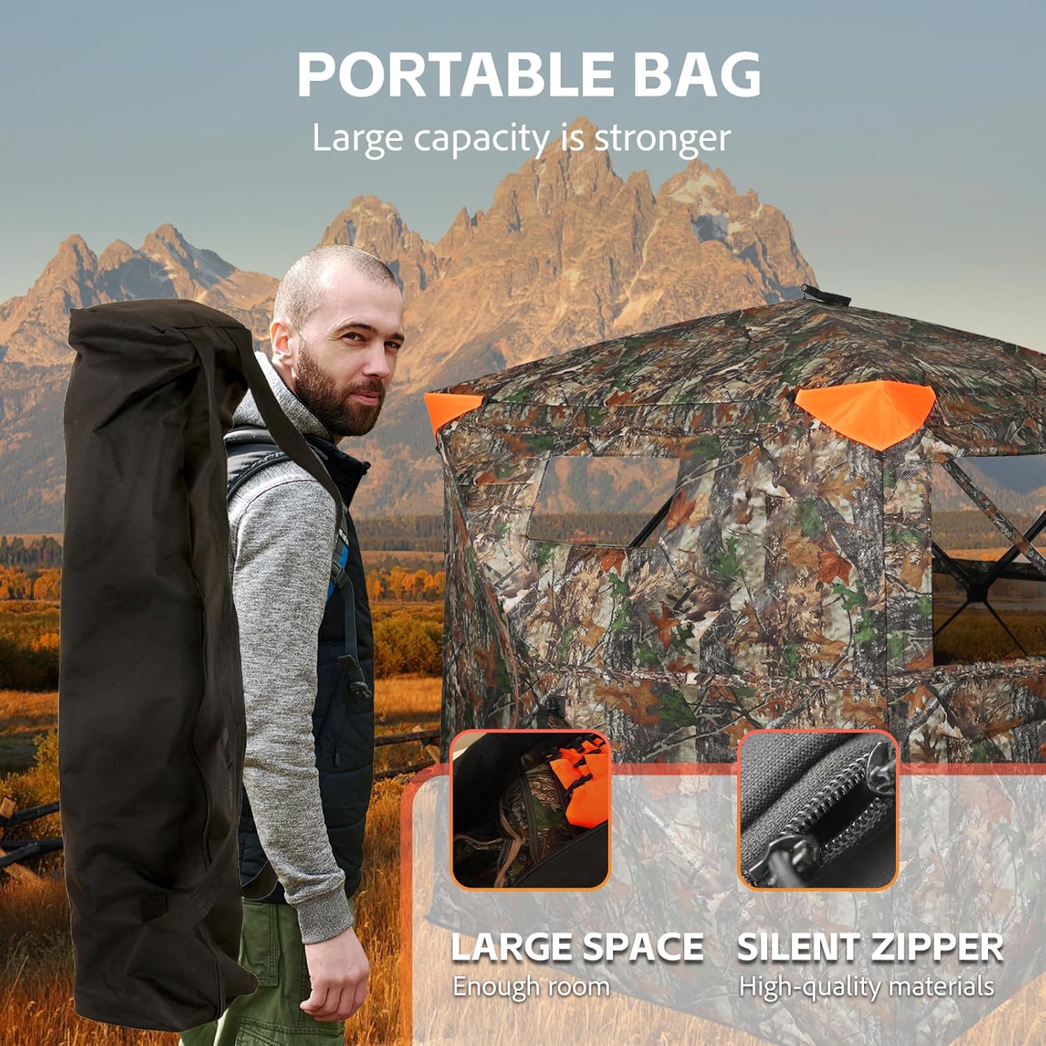 Hunting Blind 360 Degree See Through Double Door Ground Blind for Hunting, 2/3 Person Pop Up Portable Camouflage Deer/Turkey Tent with Blaze Orange Panels🔥