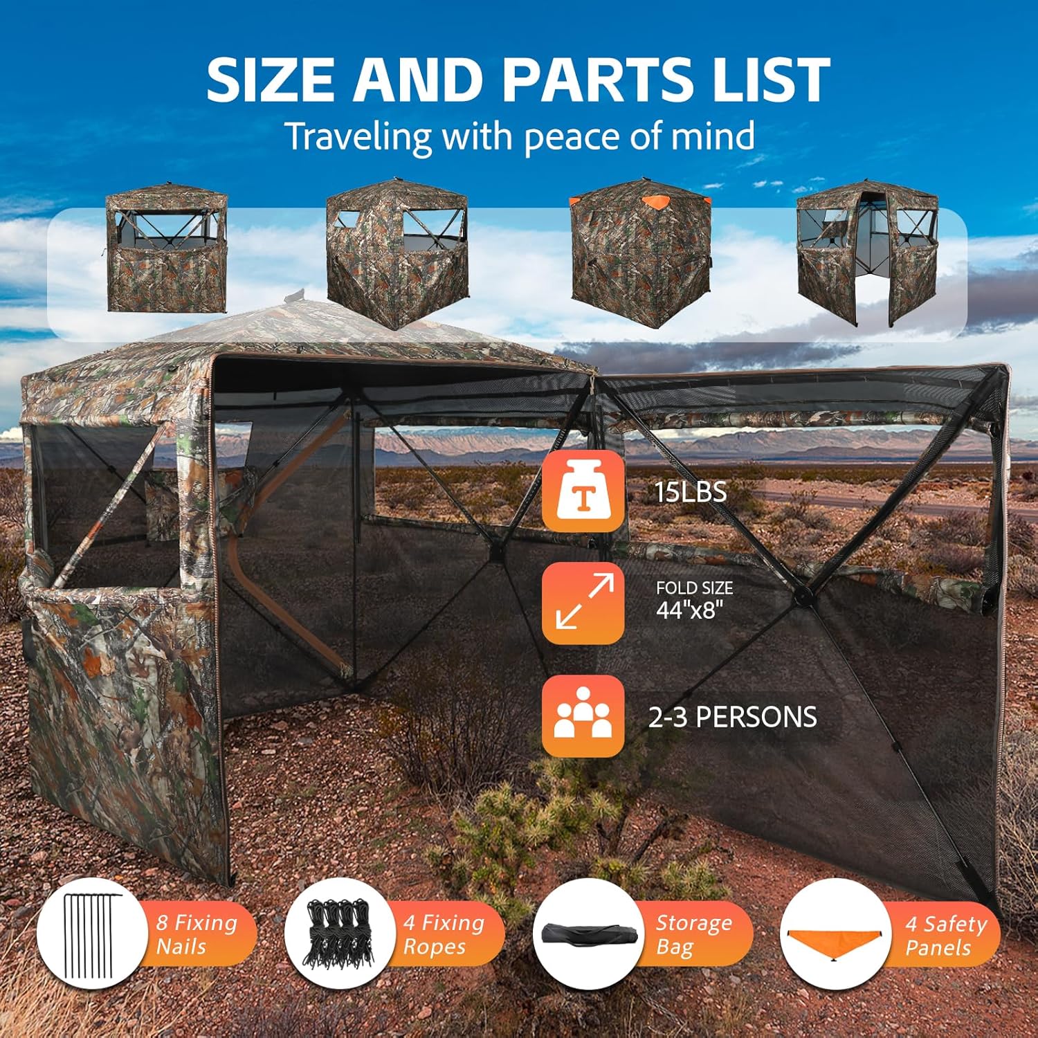 Hunting Blind 360 Degree See Through Double Door Ground Blind for Hunting, 2/3 Person Pop Up Portable Camouflage Deer/Turkey Tent with Blaze Orange Panels🔥