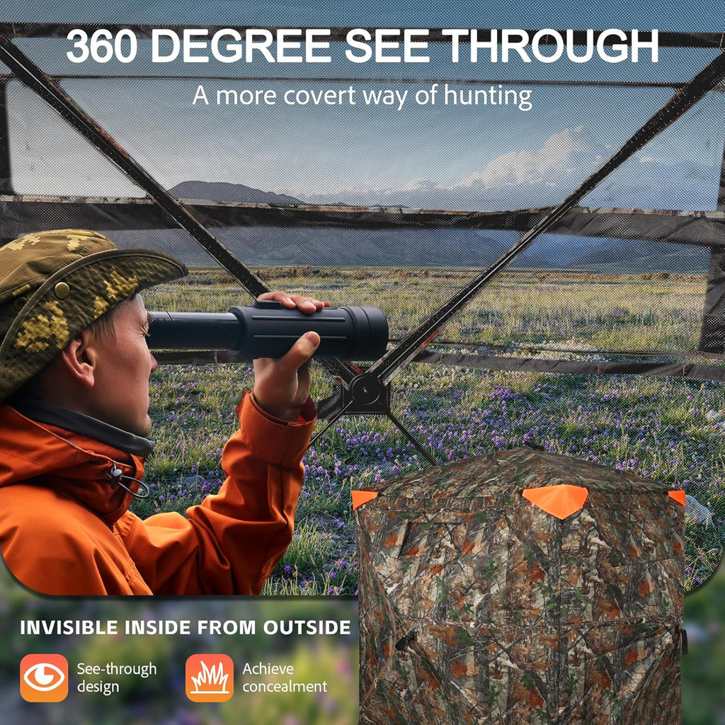 Hunting Blind 360 Degree See Through Double Door Ground Blind for Hunting, 2/3 Person Pop Up Portable Camouflage Deer/Turkey Tent with Blaze Orange Panels🔥