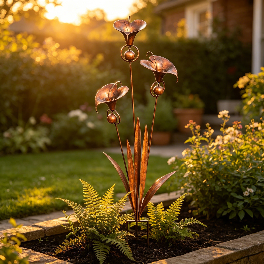 Flamed Copper Three Calla Lilies Garden Stake with Bells, 28" Handcrafted Outdoor Yard Art🔥