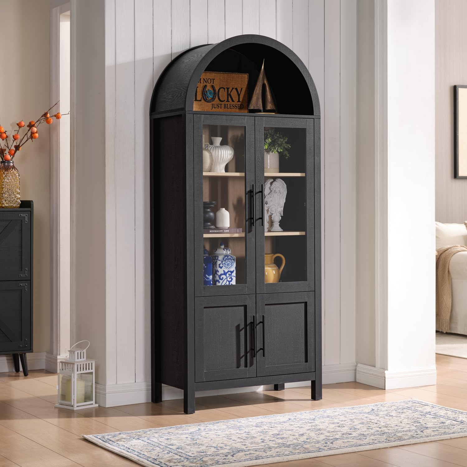 71" Tall Arched Display Cabinet, 5-Tier Bookshelf Modern Farmhouse Arched Bookcase with Glass Doors and Shelves, Wooden Pantry Storage Cabinet for Living Room, Office and Kitchen, Caramel Oak🔥