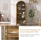 71" Tall Arched Display Cabinet, 5-Tier Bookshelf Modern Farmhouse Arched Bookcase with Glass Doors and Shelves, Wooden Pantry Storage Cabinet for Living Room, Office and Kitchen, Caramel Oak🔥