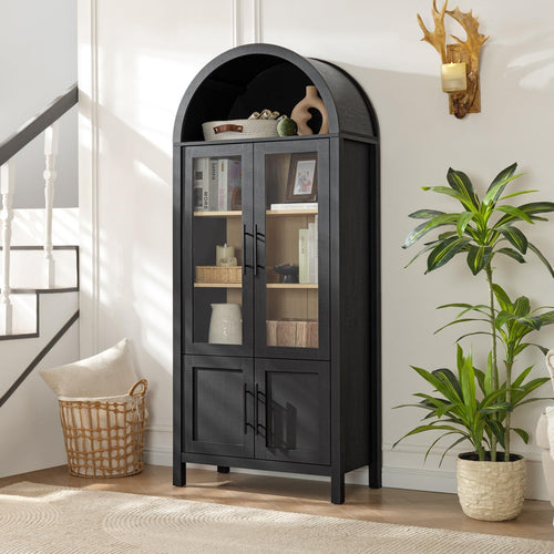 71" Tall Arched Display Cabinet, 5-Tier Bookshelf Modern Farmhouse Arched Bookcase with Glass Doors and Shelves, Wooden Pantry Storage Cabinet for Living Room, Office and Kitchen, Caramel Oak🔥