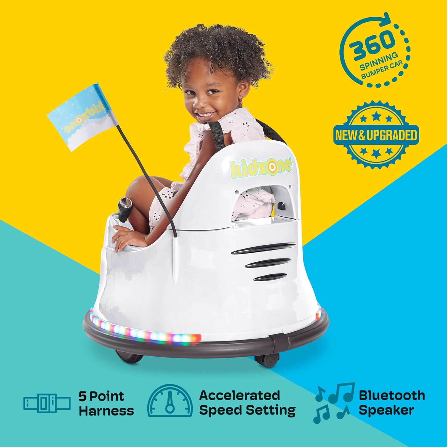 🎀🚗Smart Bumper Car for Toddler & Kids 1.5-6 Years Old, 12V 2-Speeds Electric Ride On Bumping Toy Gifts W/Remote Control, APP Control, LED Lights, Bluetooth, 360°Spin and DIY Sticker🏆