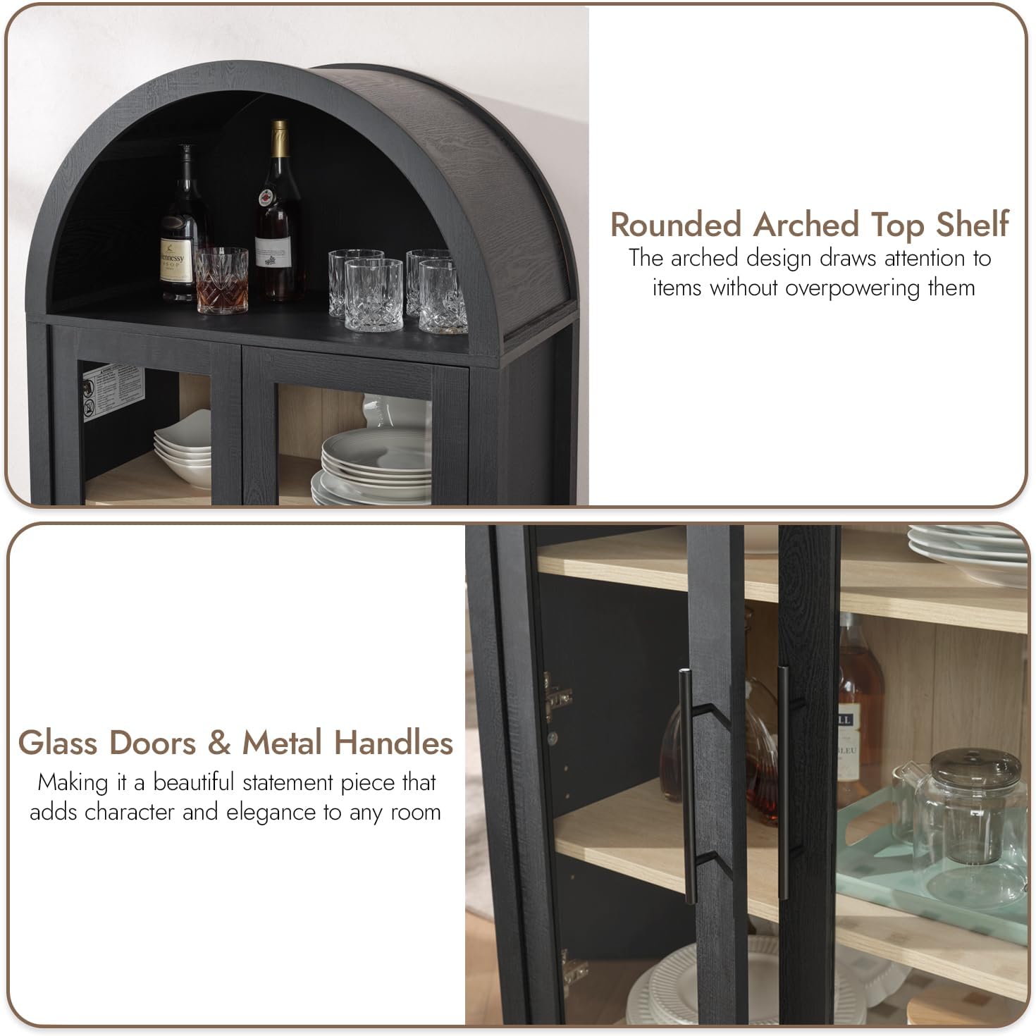 71" Tall Arched Display Cabinet, 5-Tier Bookshelf Modern Farmhouse Arched Bookcase with Glass Doors and Shelves, Wooden Pantry Storage Cabinet for Living Room, Office and Kitchen, Caramel Oak🔥