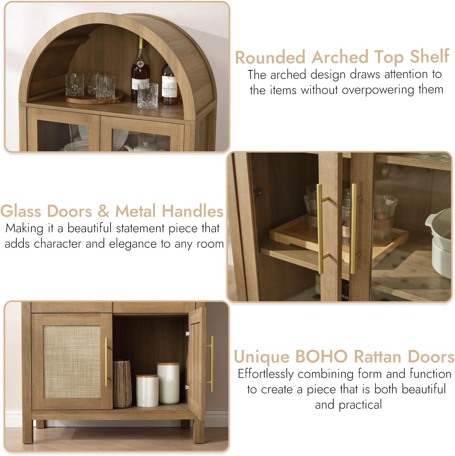 71" Tall Arched Display Cabinet, 5-Tier Bookshelf Modern Farmhouse Arched Bookcase with Glass Doors and Shelves, Wooden Pantry Storage Cabinet for Living Room, Office and Kitchen, Caramel Oak🔥