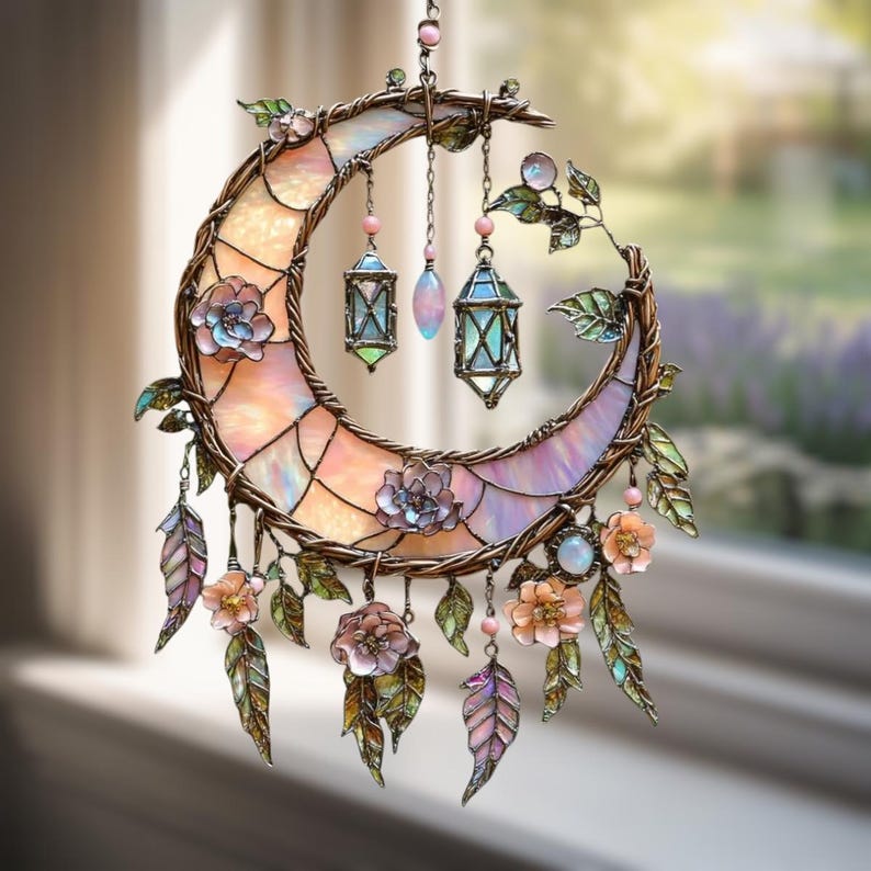 🔥🔥New Year 50% Off--🌙Hand-Painted Moon and Floral Window Decor💖🏆