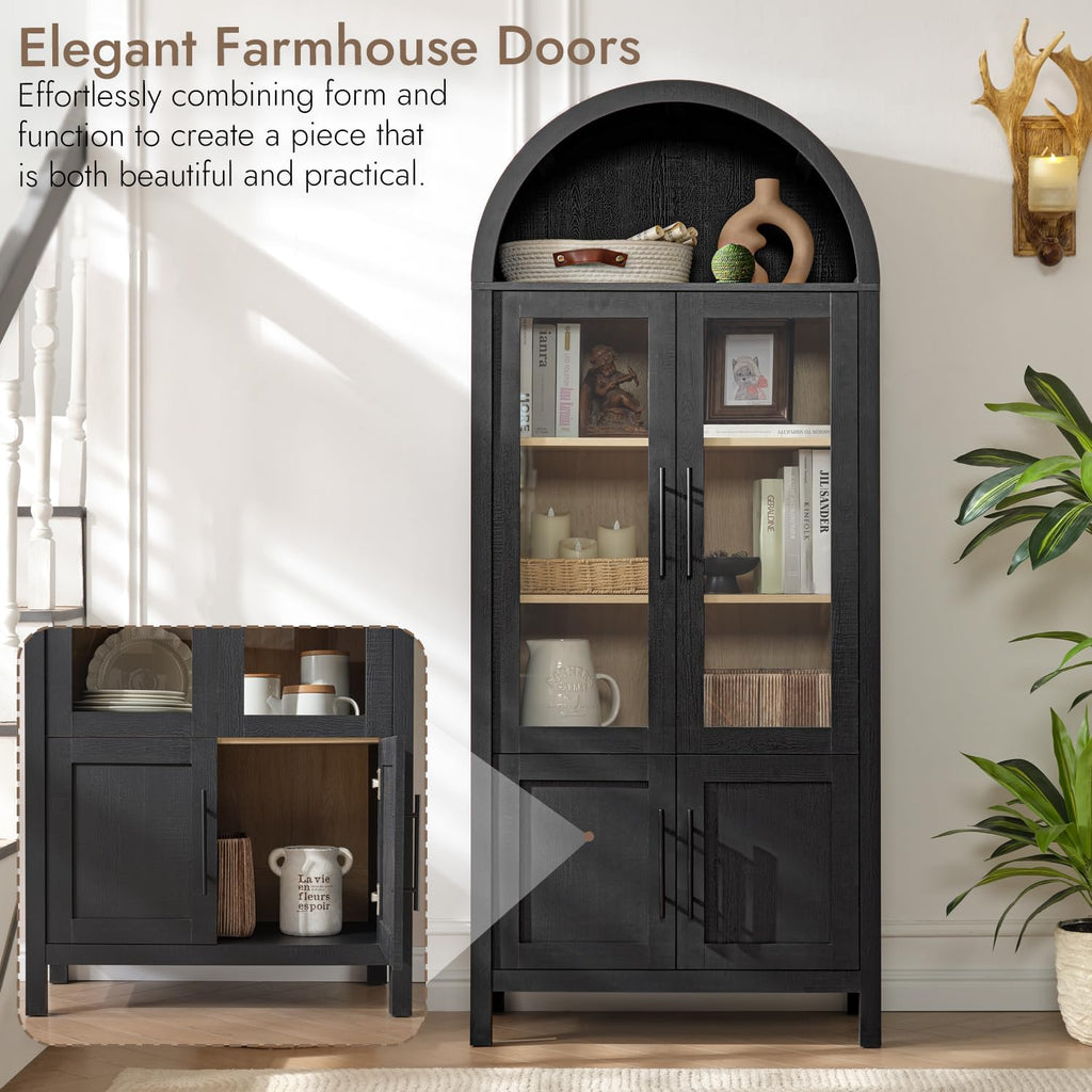 71" Tall Arched Display Cabinet, 5-Tier Bookshelf Modern Farmhouse Arched Bookcase with Glass Doors and Shelves, Wooden Pantry Storage Cabinet for Living Room, Office and Kitchen, Caramel Oak🔥
