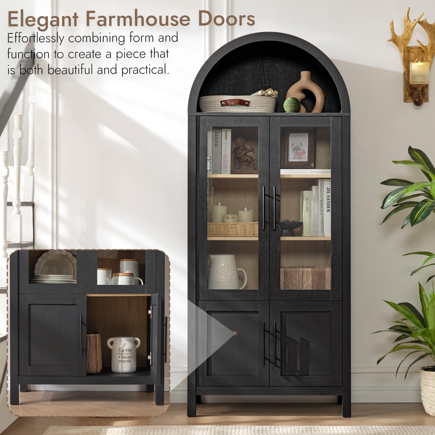71" Tall Arched Display Cabinet, 5-Tier Bookshelf Modern Farmhouse Arched Bookcase with Glass Doors and Shelves, Wooden Pantry Storage Cabinet for Living Room, Office and Kitchen, Caramel Oak🔥