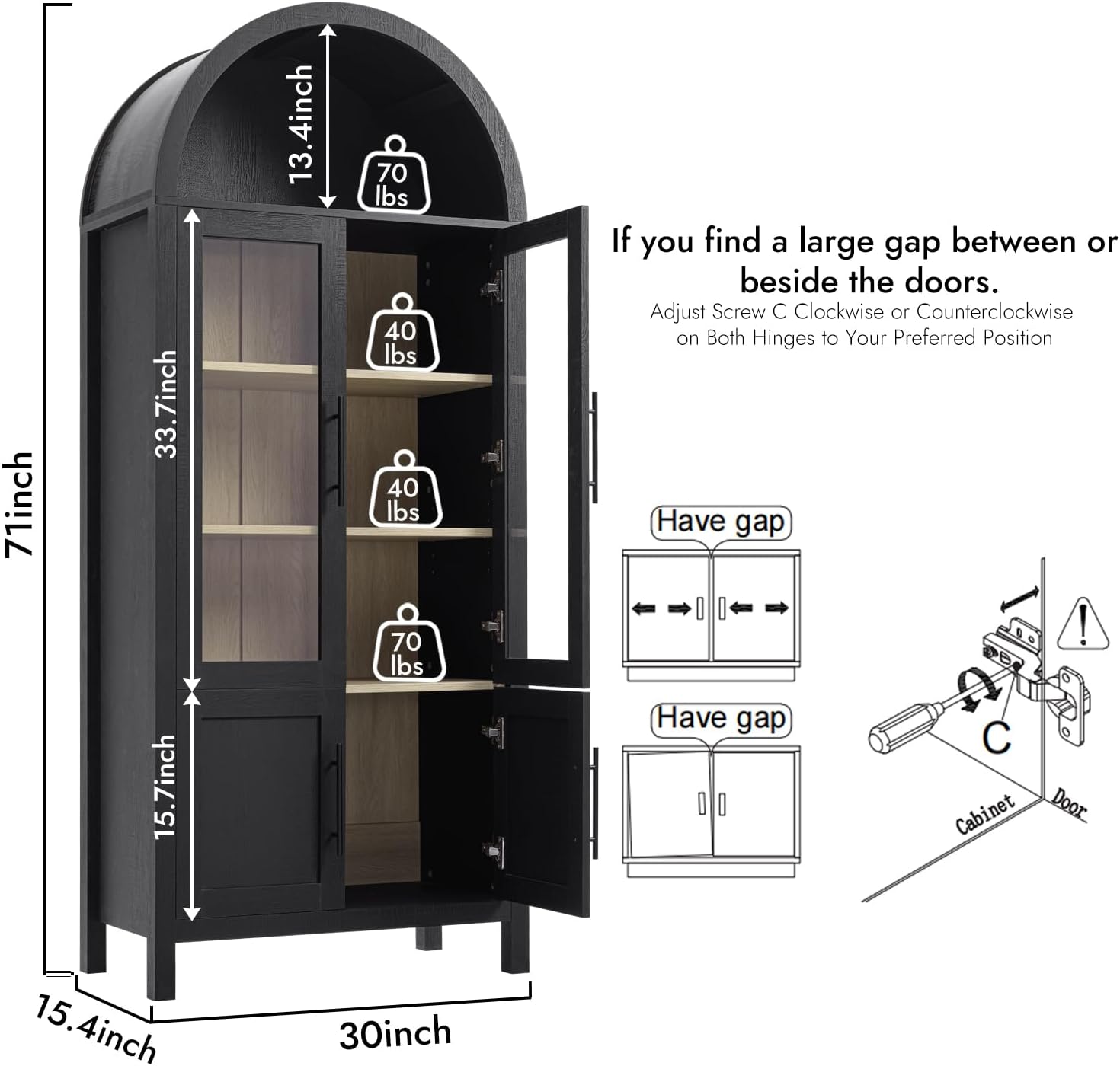 71" Tall Arched Display Cabinet, 5-Tier Bookshelf Modern Farmhouse Arched Bookcase with Glass Doors and Shelves, Wooden Pantry Storage Cabinet for Living Room, Office and Kitchen, Caramel Oak🔥