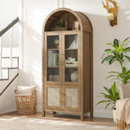 71" Tall Arched Display Cabinet, 5-Tier Bookshelf Modern Farmhouse Arched Bookcase with Glass Doors and Shelves, Wooden Pantry Storage Cabinet for Living Room, Office and Kitchen, Caramel Oak🔥