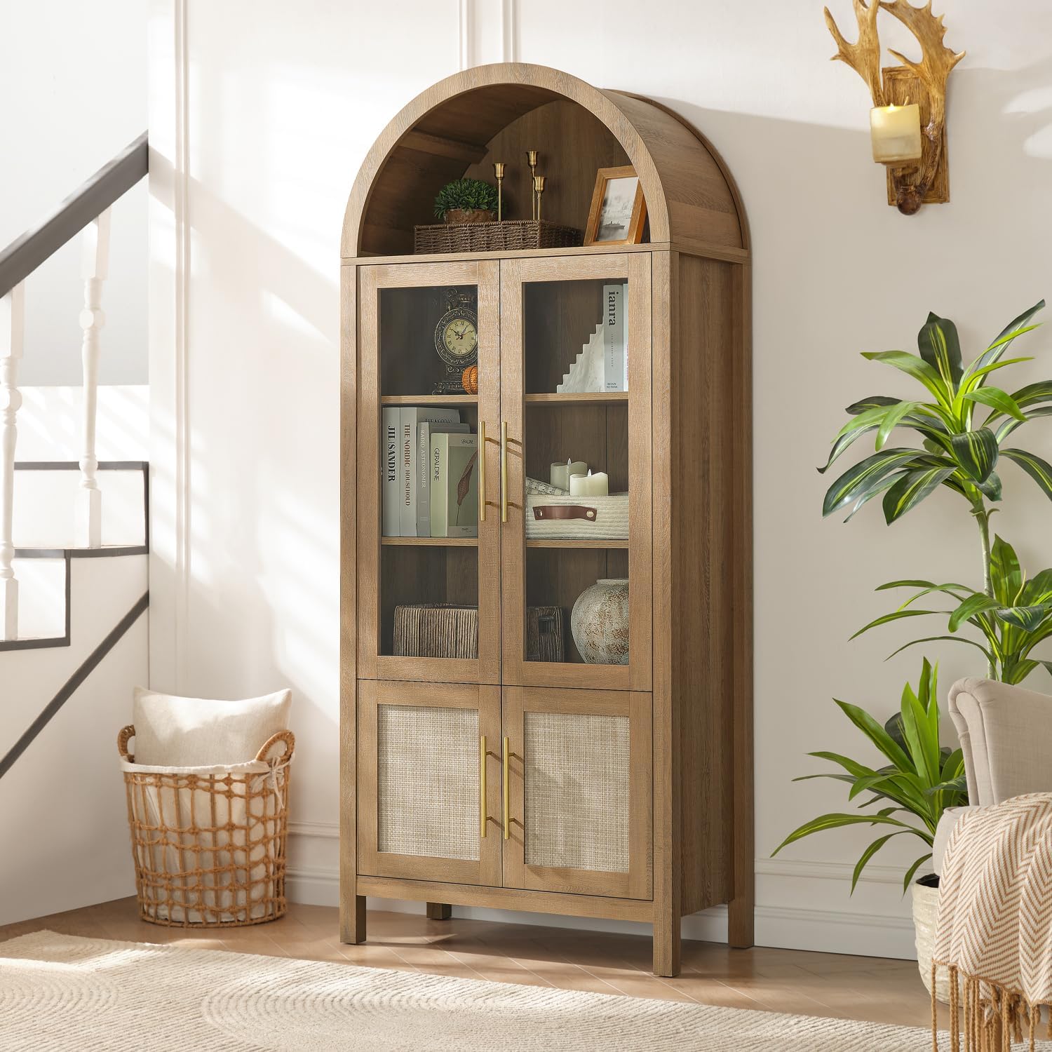 71" Tall Arched Display Cabinet, 5-Tier Bookshelf Modern Farmhouse Arched Bookcase with Glass Doors and Shelves, Wooden Pantry Storage Cabinet for Living Room, Office and Kitchen, Caramel Oak🔥