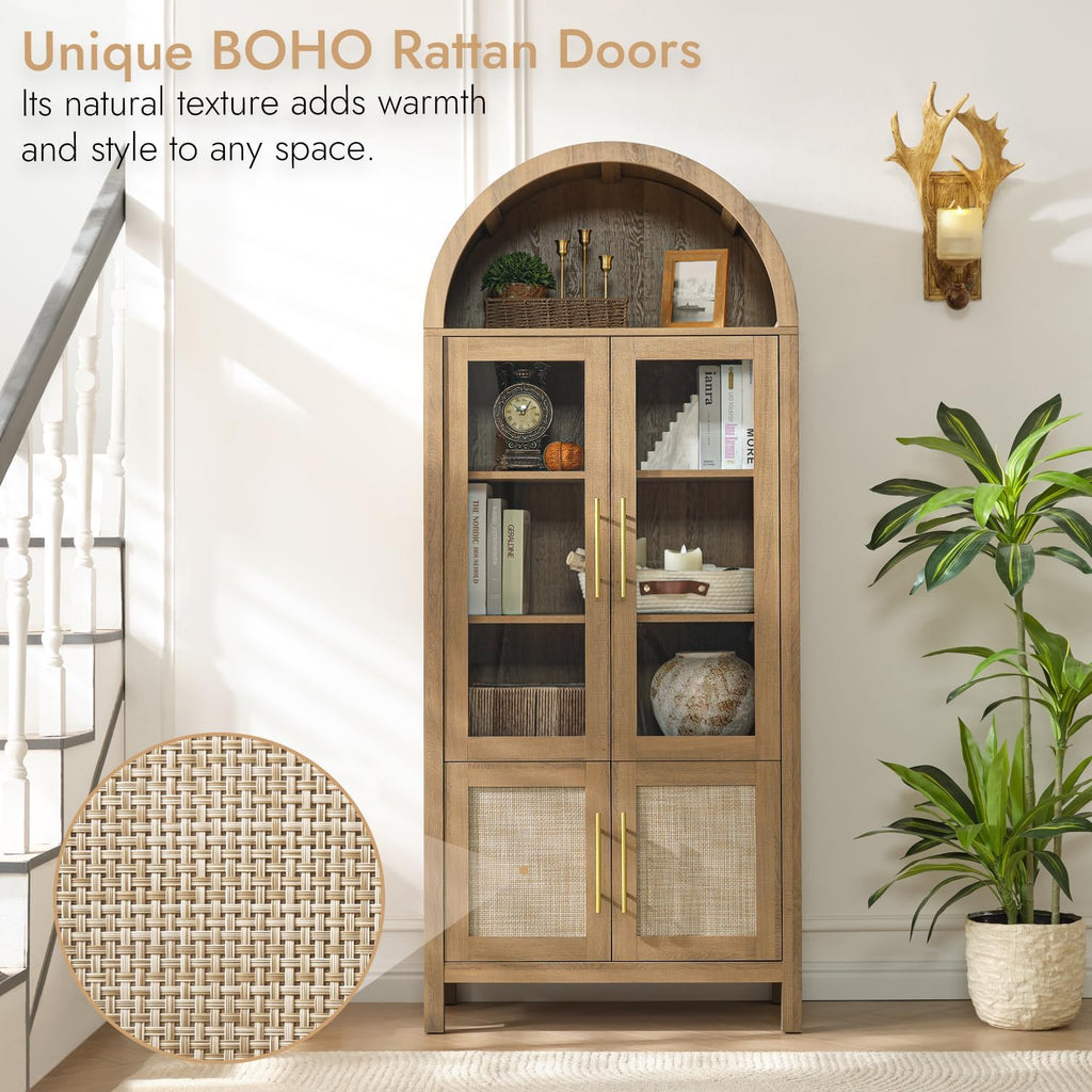 71" Tall Arched Display Cabinet, 5-Tier Bookshelf Modern Farmhouse Arched Bookcase with Glass Doors and Shelves, Wooden Pantry Storage Cabinet for Living Room, Office and Kitchen, Caramel Oak🔥