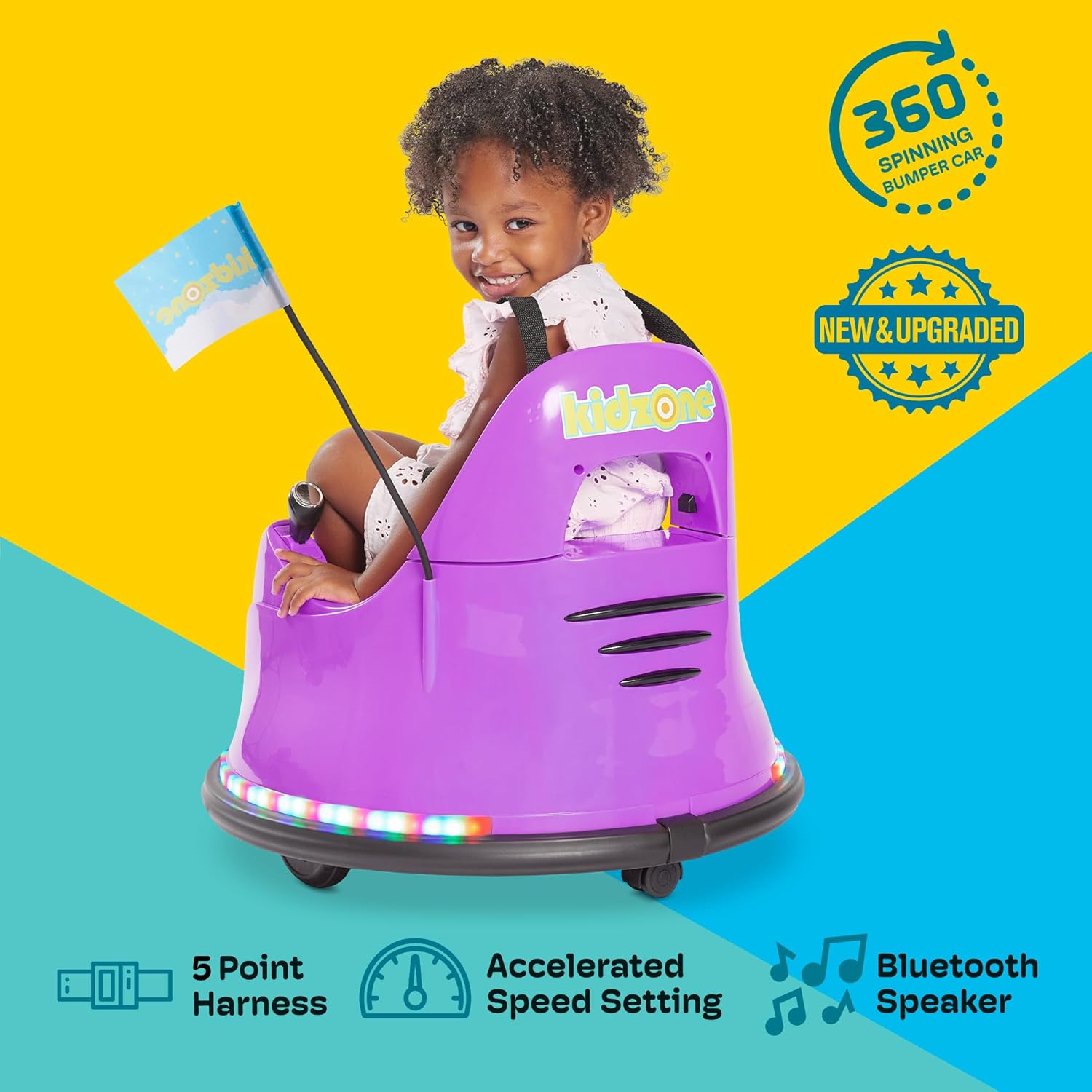 🎀🚗Smart Bumper Car for Toddler & Kids 1.5-6 Years Old, 12V 2-Speeds Electric Ride On Bumping Toy Gifts W/Remote Control, APP Control, LED Lights, Bluetooth, 360°Spin and DIY Sticker🏆